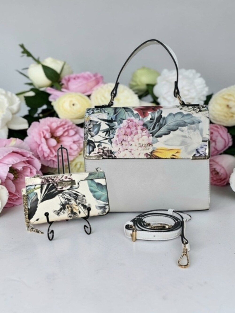 New Dune London Floral Crossbody Bag Light Grey Body With Coin Wallet
